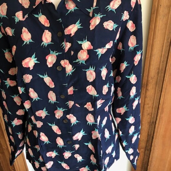 DIOR Silk Navy Pink Rose Long Sleeve Blouse 6 Vintage - Picture 13 of 14